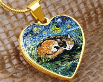 Cat Heart Necklace Calico Pendant Gold or Silver Jewelry Custom Engraved Starry Night Sleeping Cat Charm Pet Memorial Cat Lover Gift Idea