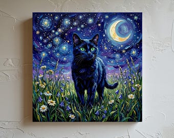Black Cat Art Print Night Flowers Home Decor Paper or Canvas