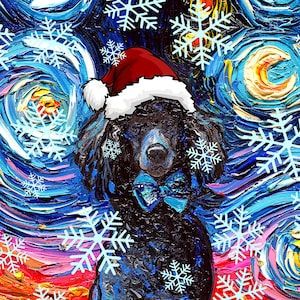 Digital Download of Black Poodle Dog in Santa hat Starry Night art by Aja - PNG file print your own Christmas ornament / greeting card