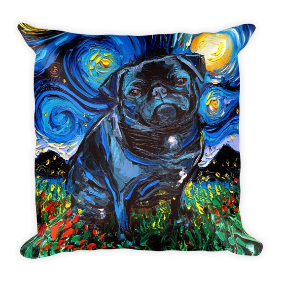 Cojín decorativo básico de noche estrellada con diseño de perro Pug negro,  de Aja Home Decor, 40,6 x 40,6 cm, relleno