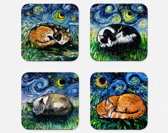 Set of 4 Coasters - Square Sleeping Cats Starry Night 4x4 in anti-skid Neoprene Art by Aja 4 Different Designs