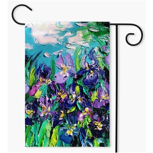 May include: A garden flag with a colorful abstract painting of purple, blue, and green iris flowers against a blue sky background.