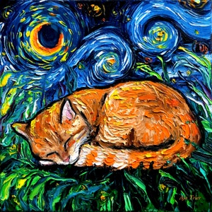 Orange Tabby Cat Art Starry Night Art Print picture by Aja choose size and type of paper - Photo Paper or Watercolor Paper home decor