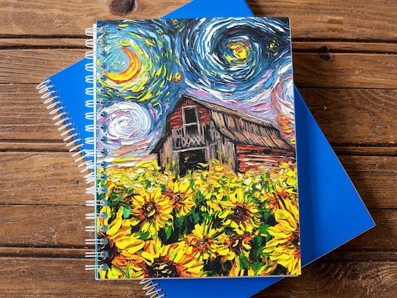 Spiral Notebook Summer Starry Night Sunflower Field Ruled Line Soft Cover 8x6x.6 Journal School Supplies Office Notebook Colorful Stationary
