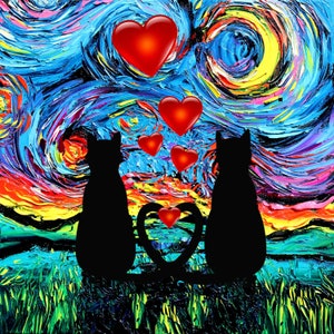 Digitaler Download Zwei Katzen Silhouette in Love Valentine Sternennacht by Aja PNG Datei zum selber drucken von Grußkarten