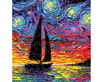 Premium Boxed Puzzles - Sailboat Sunset Ocean Starry Night Art By Aja Rainy Day Activity Game Choose From Multiple Sizes Perfect Gift