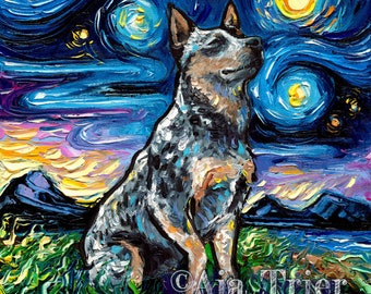 Blue Heeler Starry Night - Australian Cattle Dog Art Print dog lover gift cute art by Aja pup puppy choose size and type of paper