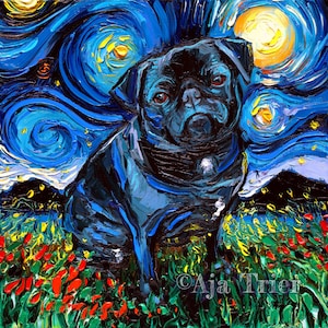 Black Pug Art Starry Night Art Print dog lover gift cute art pup puppy by Aja choose size and type of paper animal fine art wall decor