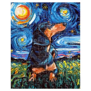 Premium Boxed Puzzles  Black And Tan Short Hair Dachshund Starry Night Art By Aja Rainy Day Activity Game Choose From Multiple Sizes