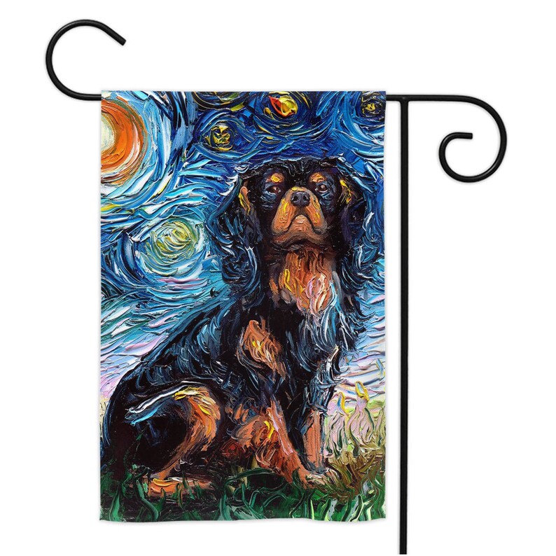 May include: A black and brown Cavalier King Charles Spaniel dog is painted in a colorful, abstract style reminiscent of Vincent van Gogh's "Starry Night". The dog is sitting with its head tilted up, looking at the viewer. The background is a swirling blue and yellow sky with white stars.