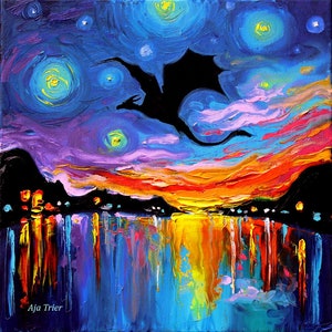 The Guardian dragon fantasy art on stretched canvas by Aja Choose size flying dragon silhouette colorful fantasy art home decor