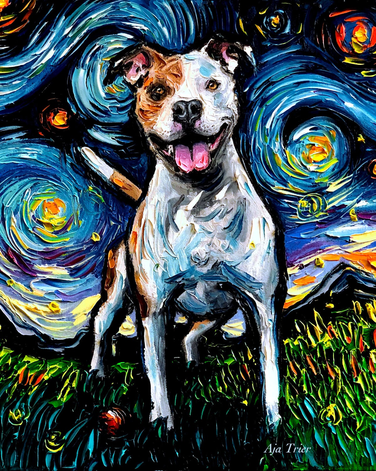 Happy Pitbull Art CANVAS Print Starry Night Ready to Hang Wall