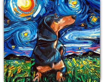 Magnet - Black And Tan Short Hair Dachshund Starry Night Dog Art Animal Refrigerator Magnet 3x3 Or 4x6 Inch Sizes Choose Cute Pet Art