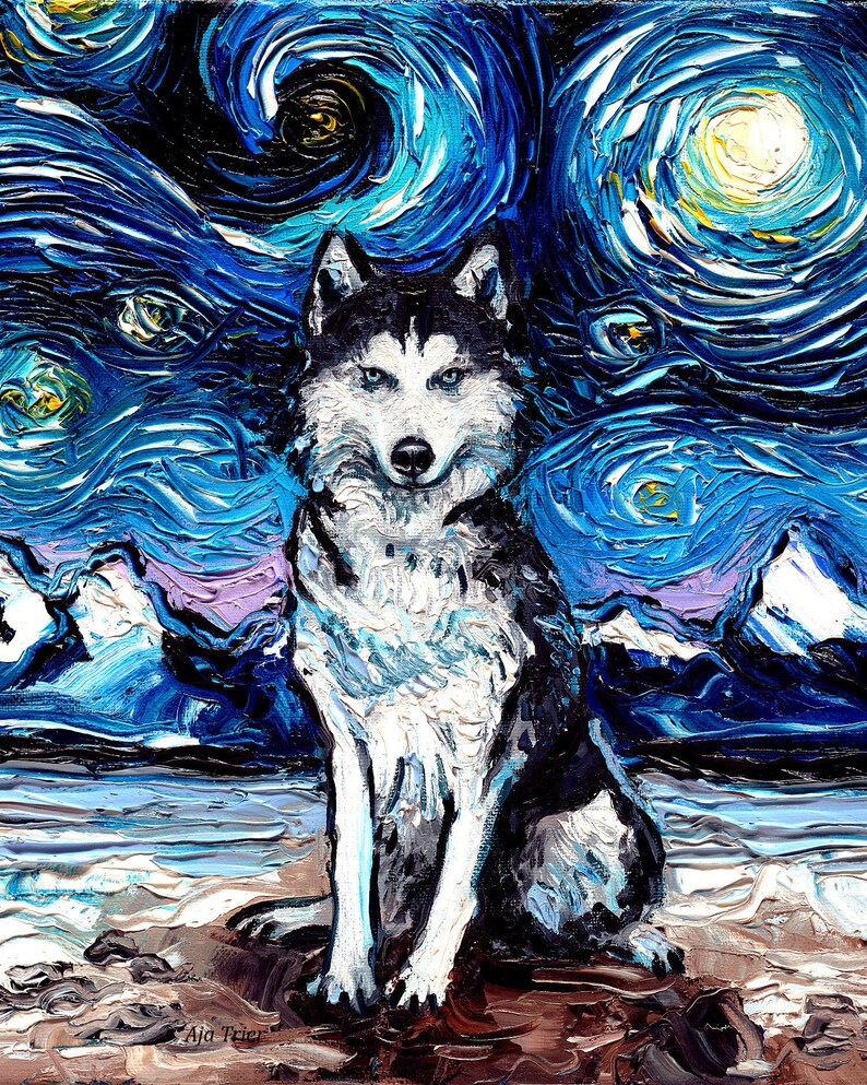 Siberian Husky Art 8x10 Starry Night Print dog lover gift cute art by Aja pup puppy pet poster wall art decor picture