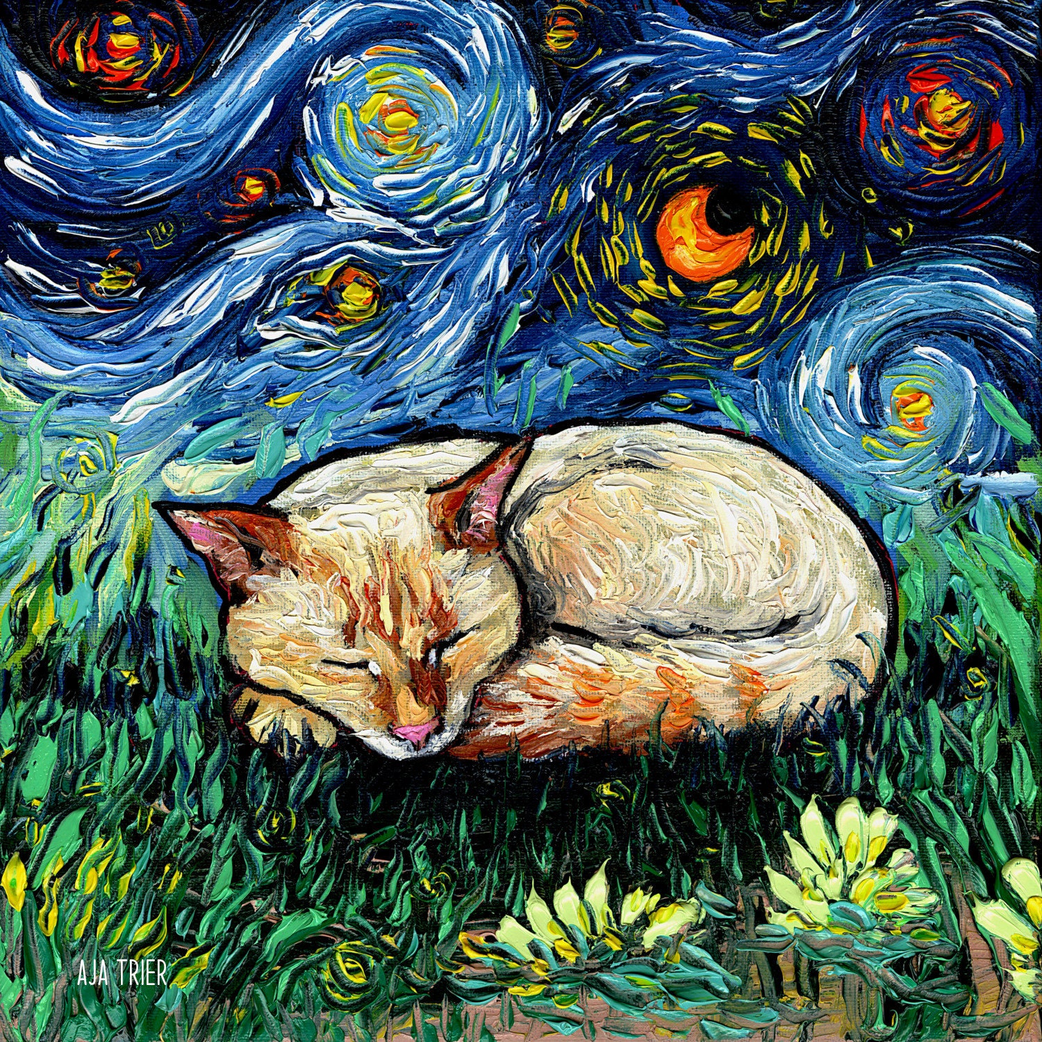 Sleeping Flame Point Siamese Cat Starry Night Oil Painting