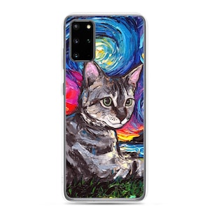 Gray Tabby Cat with flowers Starry Night Samsung Case Android Phone Cover Art by Aja S10 S10+ S10e S20 S20FE S20+ S20U S21 S21+ S21U