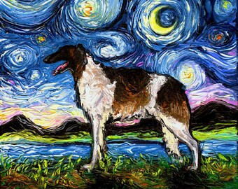 Borzoi Art Starry Night Dog Art Print gift cute art by Aja choose size and type of paper Animal artwork Wall Decor