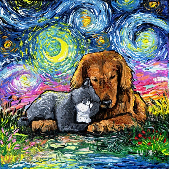 Best Friends Cute Dog and Cat Starry Night Art Print Picture by