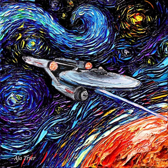 Star Trek inspired Art FRAMED Paper print van Gogh Never Boldly Went starry night Gift 12x16