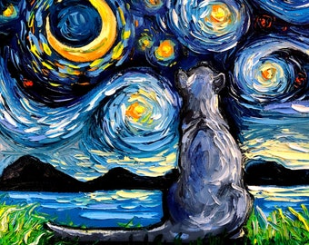 Russian Blue Cat Art CANVAS print Starry Night feline colorful wall decor by Aja, choose your size