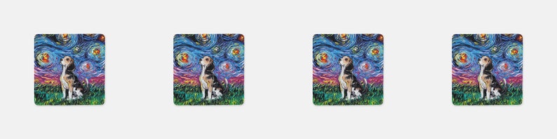 Coasters Set of 4 Square Beagle Starry Night Dog 4x4 inch anti-skid Neoprene rubber back and fabric top Art by Aja Pet Home Decor image 3