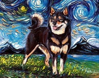 Black and Tan Shiba Inu Art Starry Night Art Print dog lover gift cute art by Aja choose size and type of paper