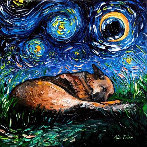 Sleeping German Shepherd Art Starry Night Print dog lover gift cute by Aja choose size and type of paper - Photo Paper or Watercolor Paper