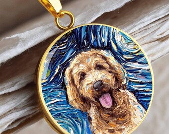 Graverat Goldendoodle-halsband, hundhänge med stjärnklar nattmotiv, personligt minnesmärke för husdjur