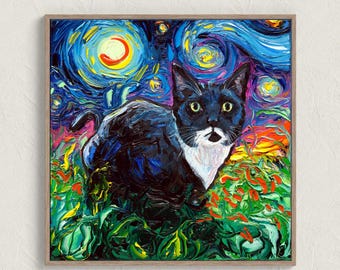 Tuxedo Cat Art Print Starry Night Folk Art Home Decor Paper or Canvas