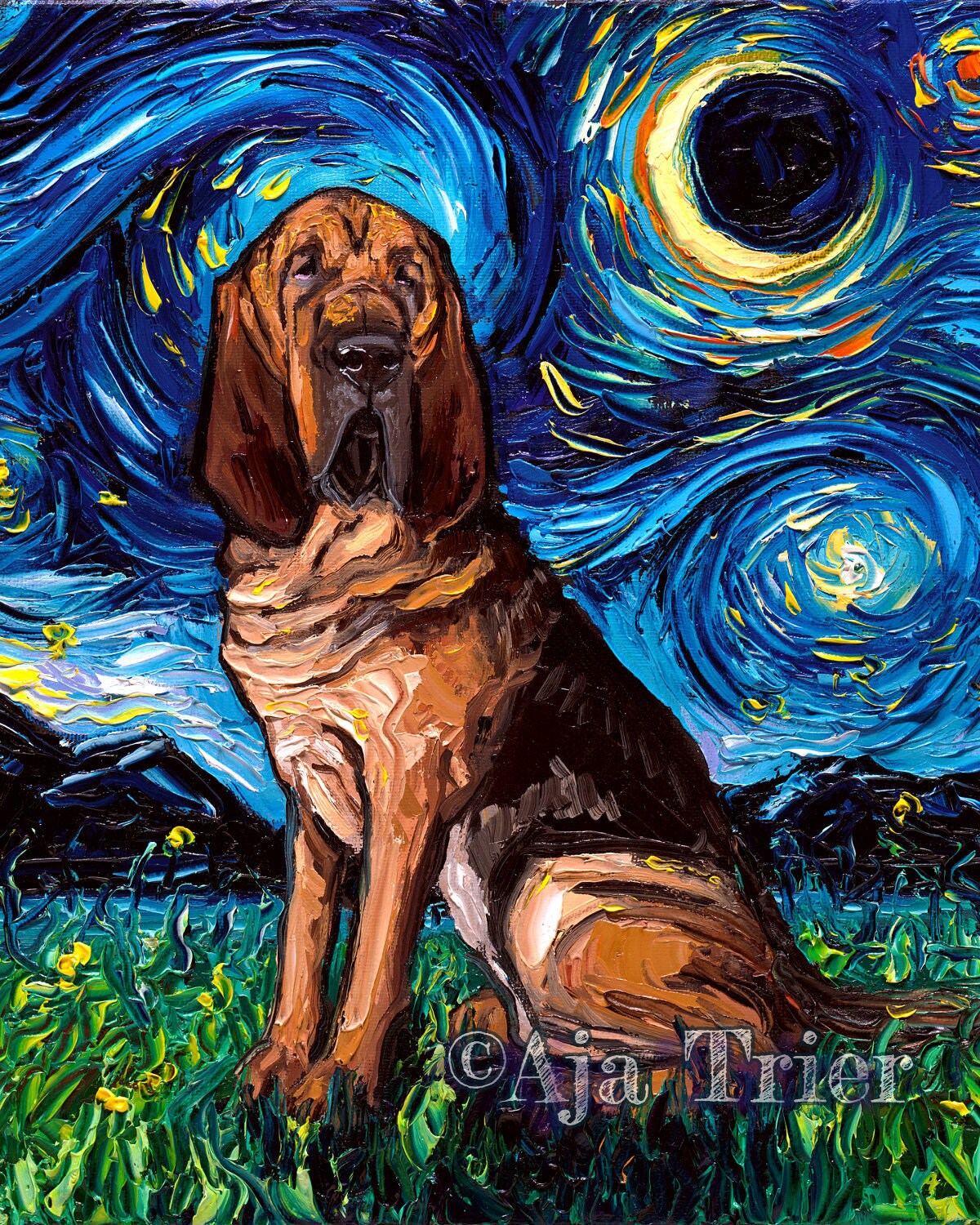 Bloodhound Art 8x10 Starry Night Print Dog Lover Gift Cute Art by