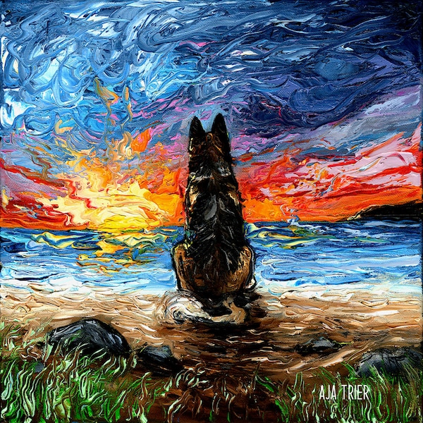 Beach Days - German Shepherd Dog Art CANVAS print by Aja wall art home decor choose square or rectangle format Coastal Ocean Animal Artwork