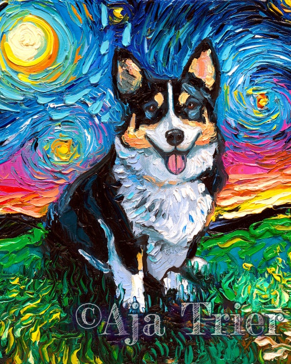 Tri color Pembroke Welsh Corgi Starry Night dog Art CANVAS print by Aja  choose size wall decor home decoration -  Portugal