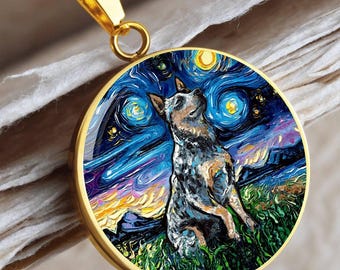 Blue Heeler Necklace: Starry Night Dog Art, Personalized Pet Memorial