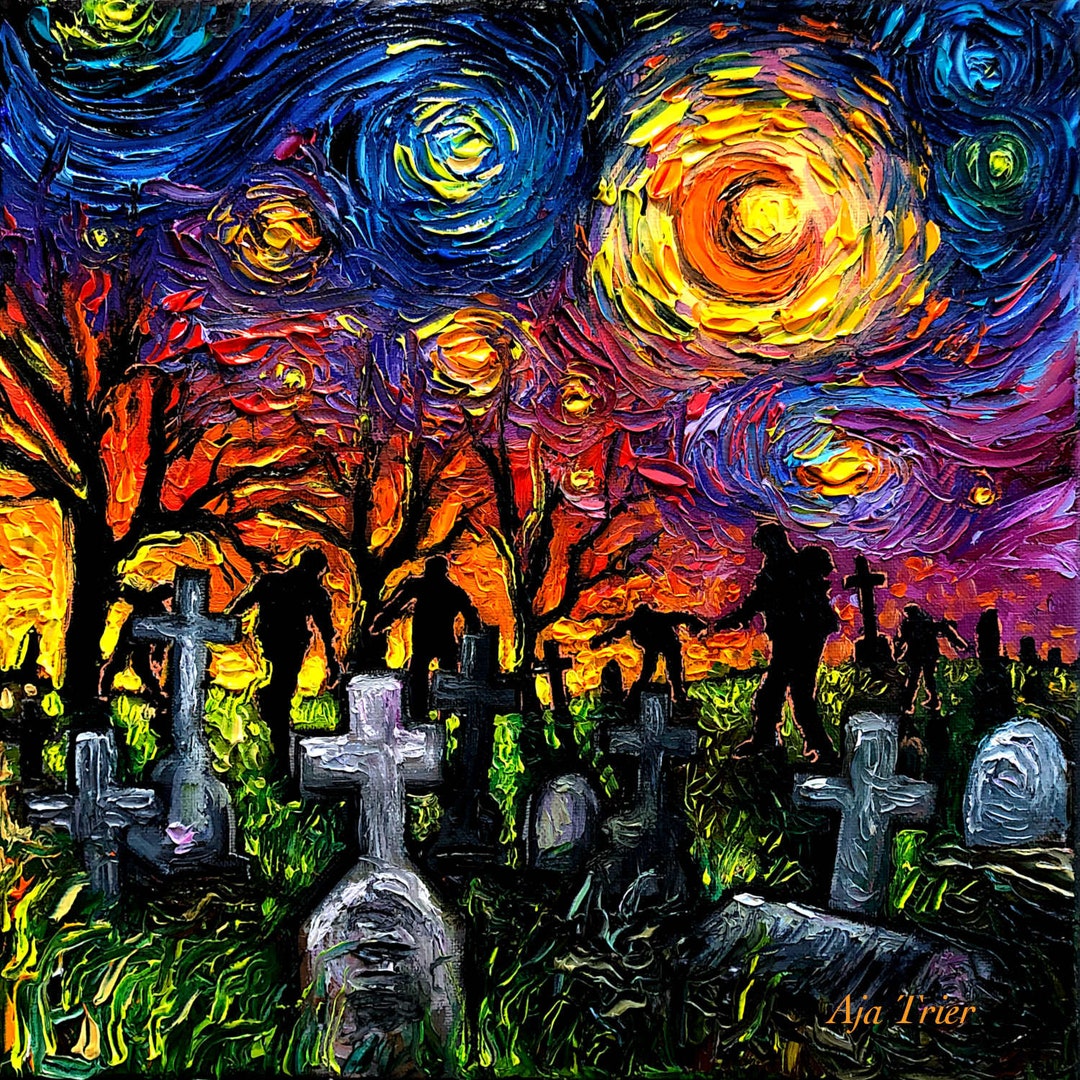 Halloween CANVAS PRINT Starry Night of the Living Dead Art by Aja