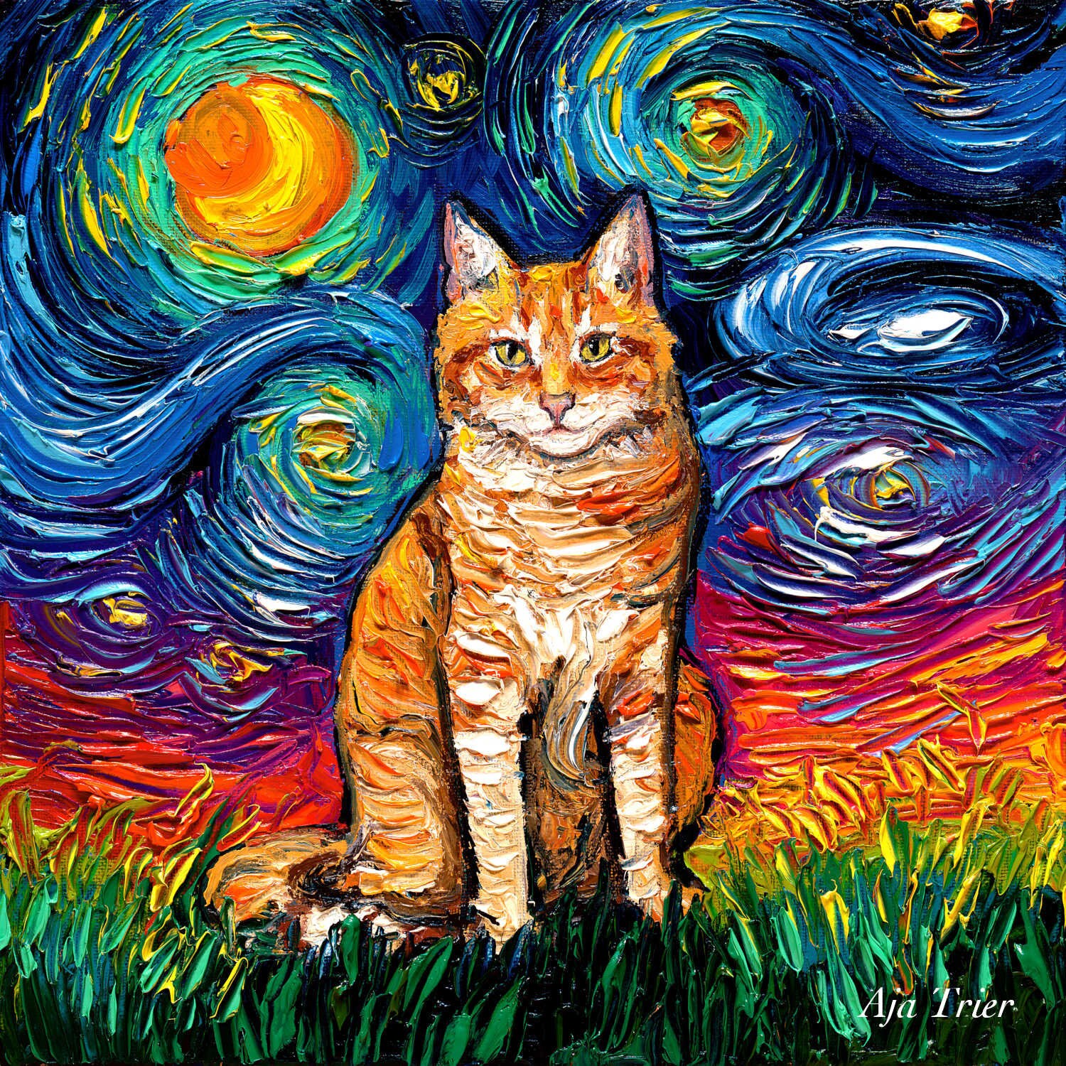 Seated Orange Tabby Cat Art Starry Night Art Print picture by Etsy