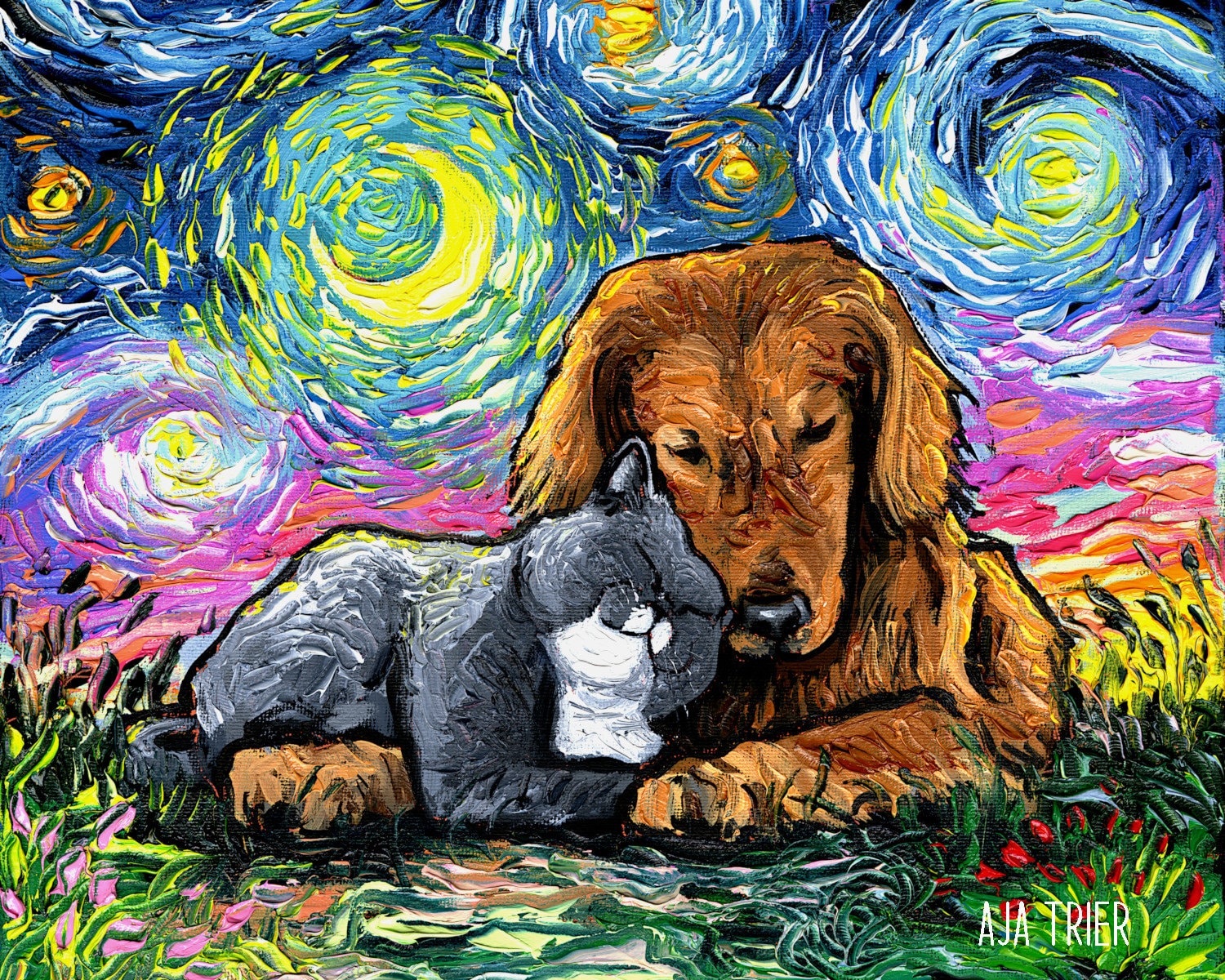 Best Friends Cute Dog and Cat Art CANVAS Print Starry Night Ready