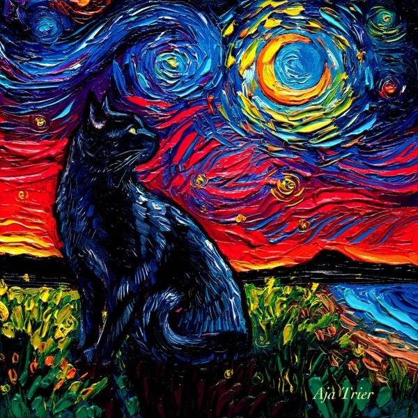 Black Cat and Moon Art CANVAS print Starry Night Ready to Hang wall decor artwork display by Aja animal home