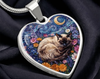 Siamese Cat Floral Bohemian Art Necklace Custom Jewelry