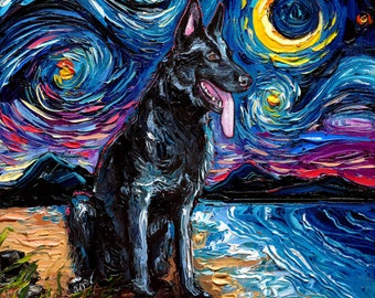 Black German Shepherd Art Starry Night Art Print dog on beach picture by Aja choose, Photo Paper Watercolor Paper pup canine landscape