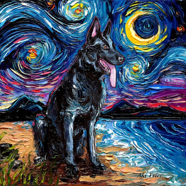 Black German Shepherd Art Starry Night Art Print dog on beach picture by Aja choose, Photo Paper Watercolor Paper pup canine landscape