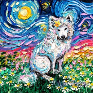 Primrose Samoyed Art Print dog flowers art by Aja choose size and type of paper pet owner pup artwork big white dog