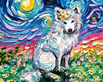 Primrose Samoyed Art Print dog flowers art by Aja choose size and type of paper pet owner pup artwork big white dog