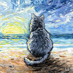 Nebelung Cat Sunset Beach Art Print by artist Aja Trier of Sagittarius Gallery