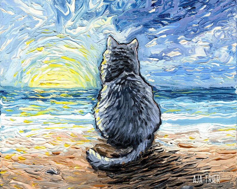 Nebelung Cat Sunset Beach Art Print by artist Aja Trier of Sagittarius Gallery