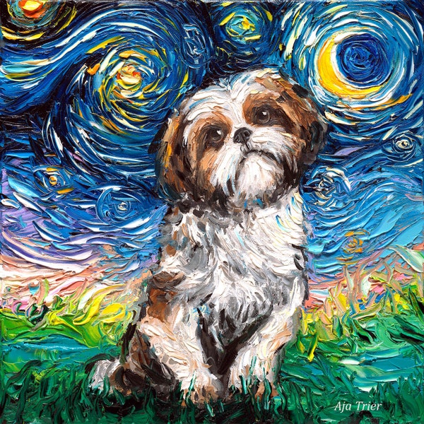 Shih Tzu Art - Starry Night Art Print by Aja 8x8, 10x10, 12x12, 20x20, and 24x24 inches choose size pet artwork