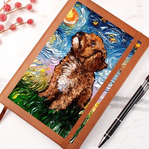Cavapoo Läderjournal Stjärnklar Natt Dagbok Skrivbok Cavalier Pudel Hund Konst Gåva