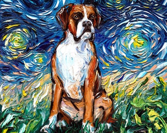 Boxer Dog Art Starry Night Art Print gift cute art by Aja pup pet Choose size and type of paper