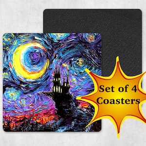Coasters  Set of 4 Square Dracula Castle Starry Night 4x4 inch antiskid Neoprene rubber back and fabric top Haunted House Art by Aja