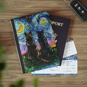 Passport Cover  Soulmates Starry Night Dog German Shepherd Faux Leather Travel Passport and Cards Holder RFID Blocking Wallet Art