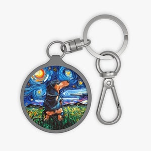 Keyring Tag - Black and Tan Dachshund Doxie Starry Night Dog Key Chain Keychain School Bag Tag Pet Charm Art by Aja